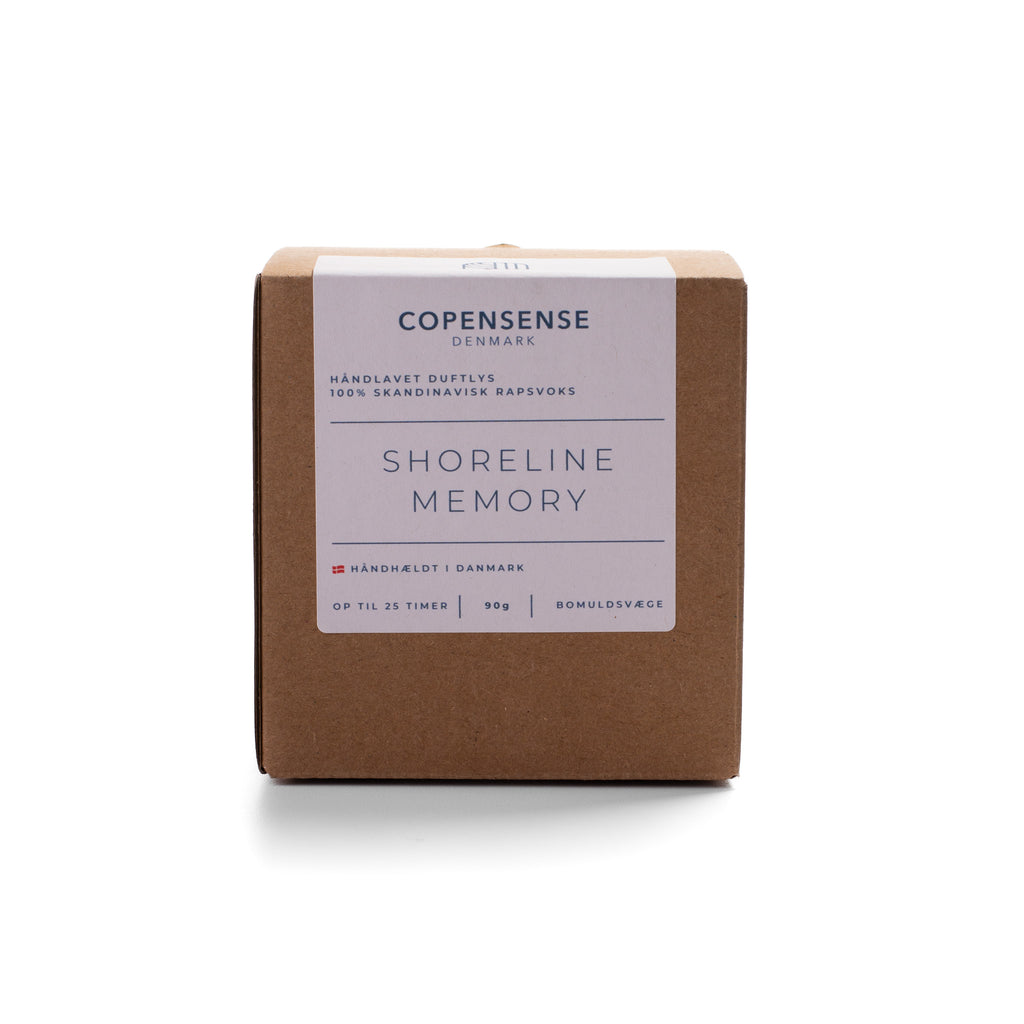 Copensense candle packaging with 'Shoreline Memory' on a white background