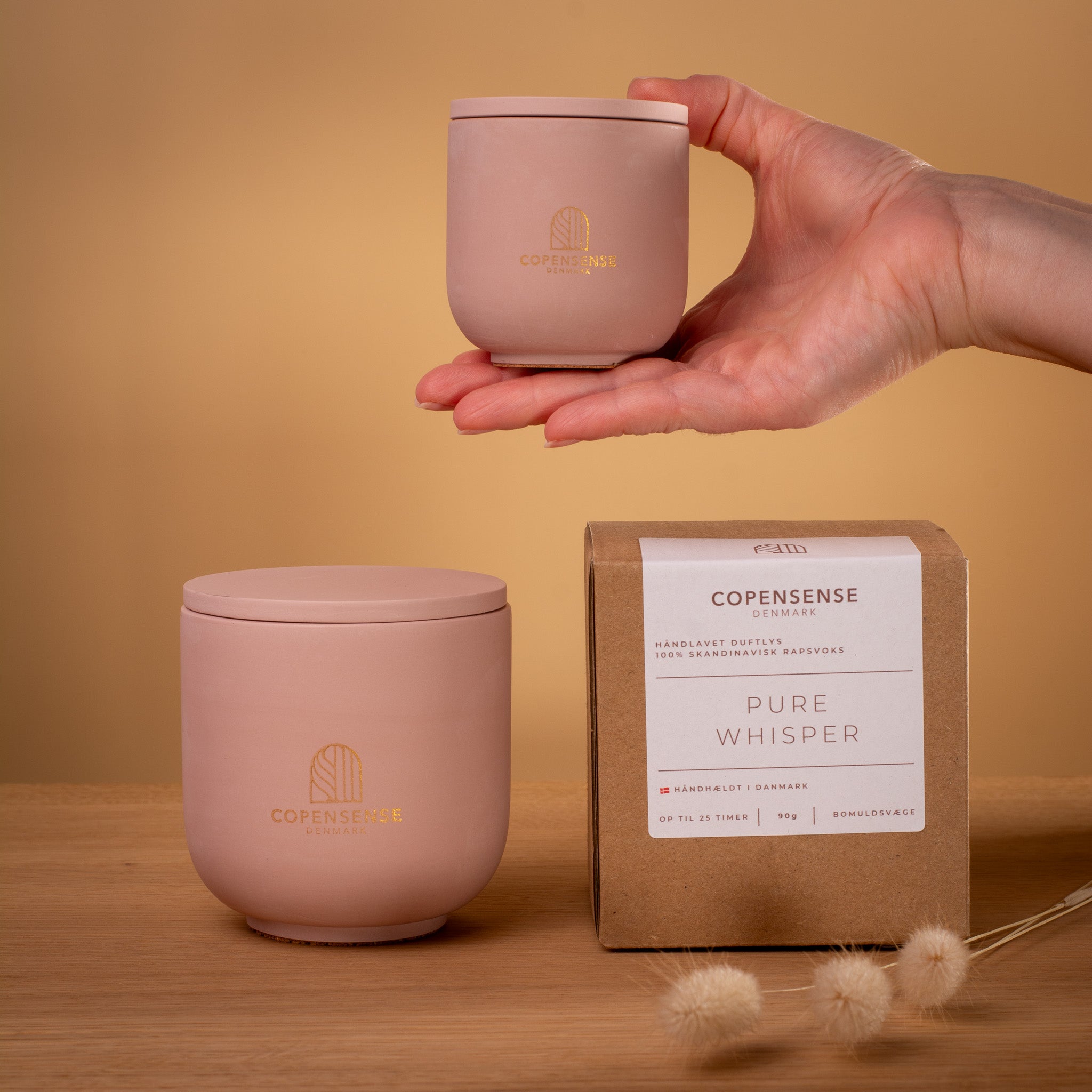 Hand holding mini 90g Pure Whisper candle next to large 270g jar and packaging box on wood surface.