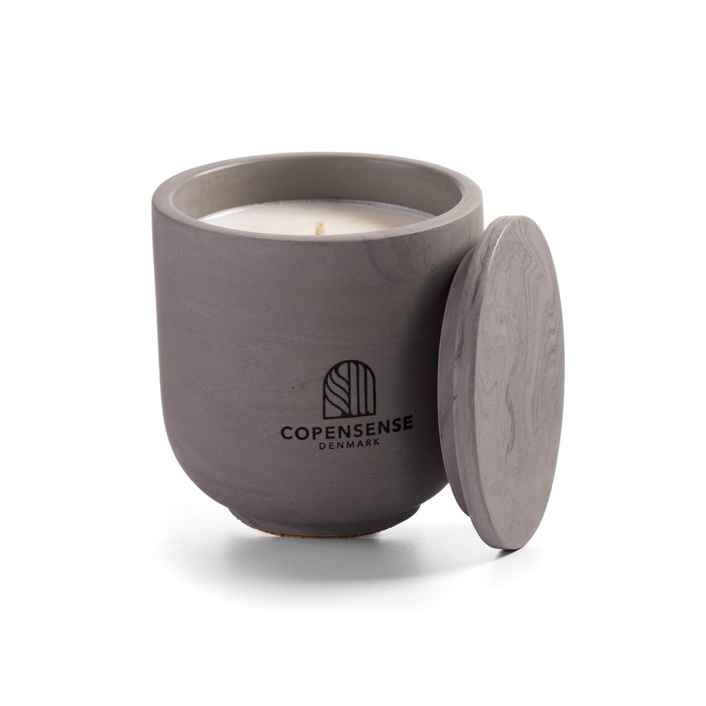 Open Intense Silence candle showing natural rapeseed wax and wooden wick inside dark grey ceramic vessel.