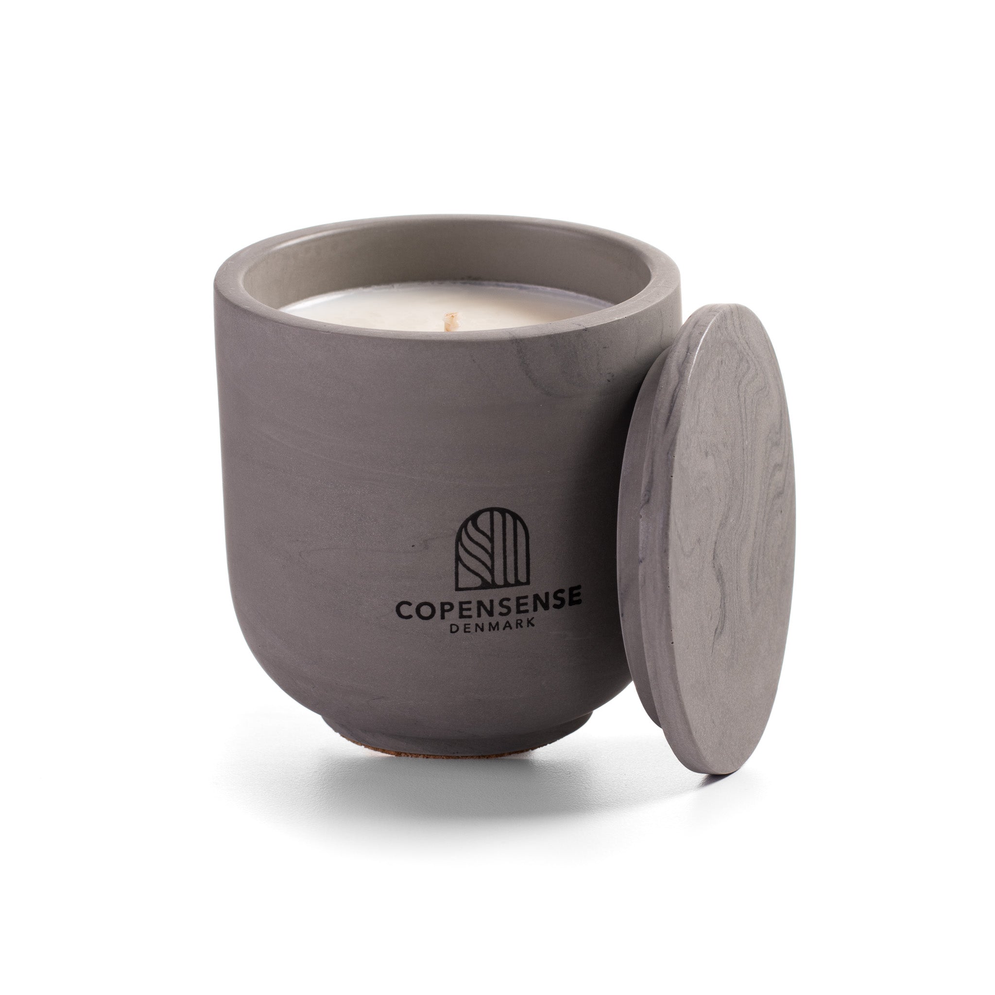 Open Intense Silence candle showing natural rapeseed wax and wooden wick inside dark grey ceramic vessel.