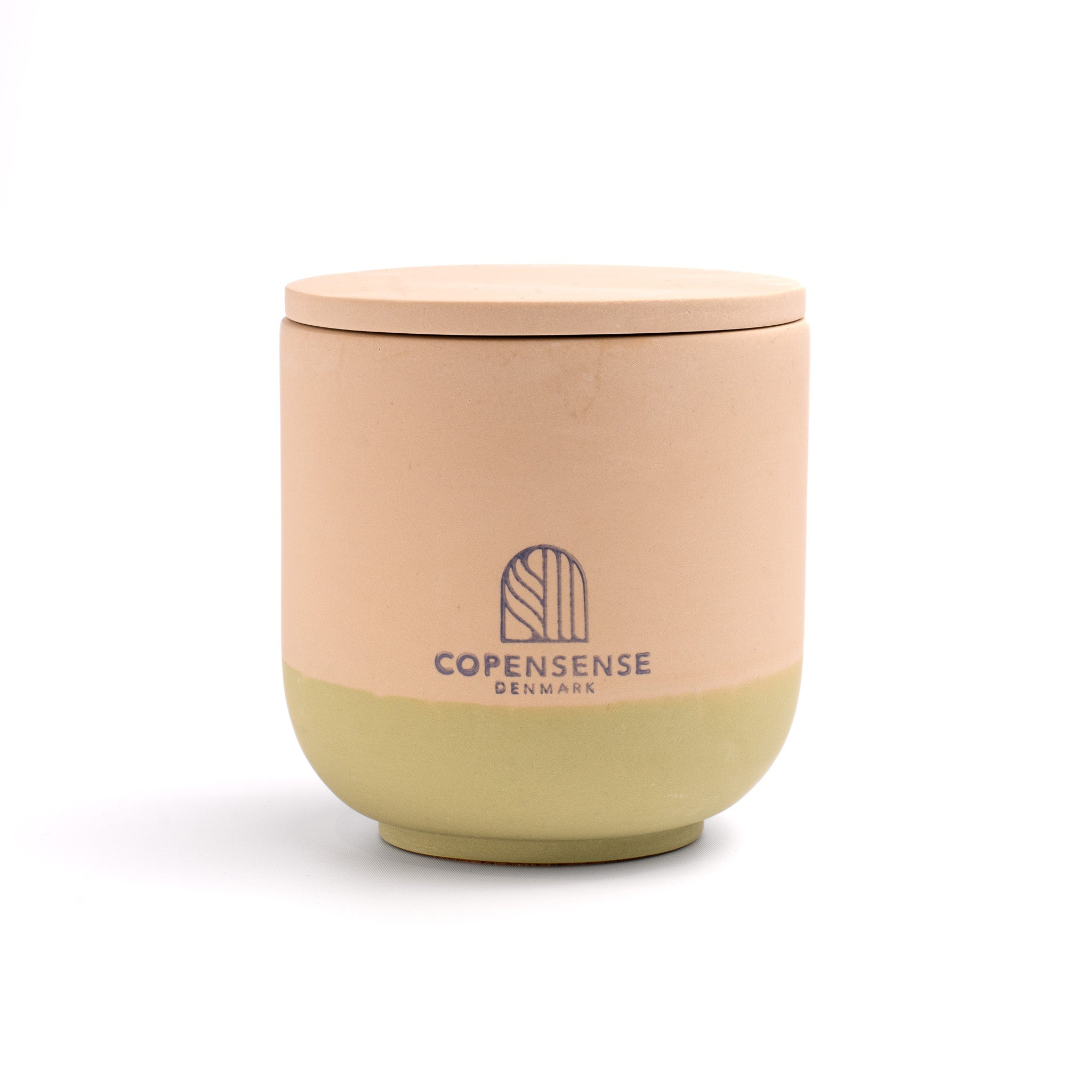 Unscented candle in a solid Shades of Sand & Sage jar, hand-poured in Denmark
