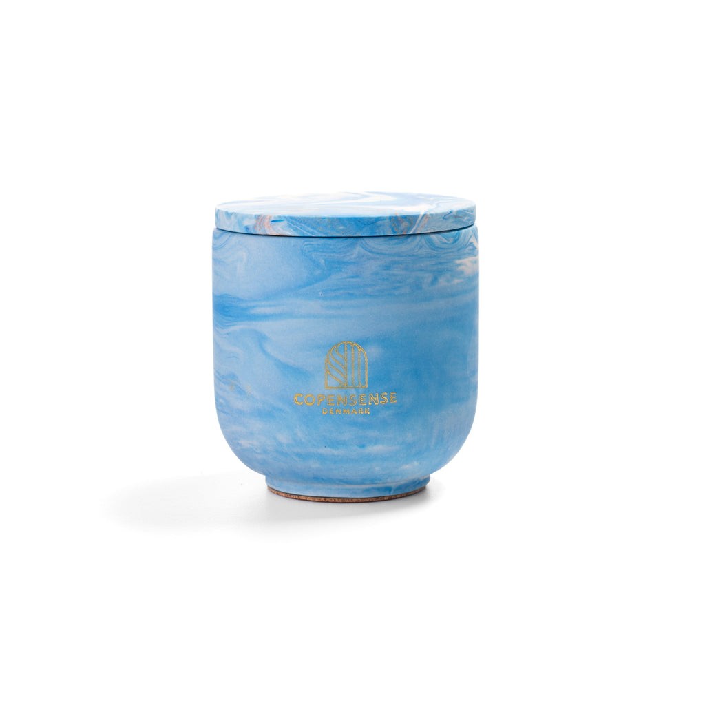 Unscented candle in a marbled Shades of Marbled Sky jar, hand-poured in Denmark