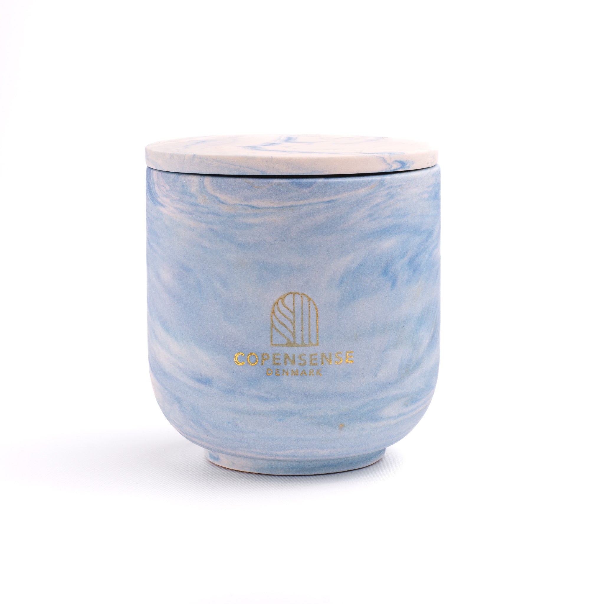 Unscented candle in a marbled Shades of Marbled Sky jar, hand-poured in Denmark