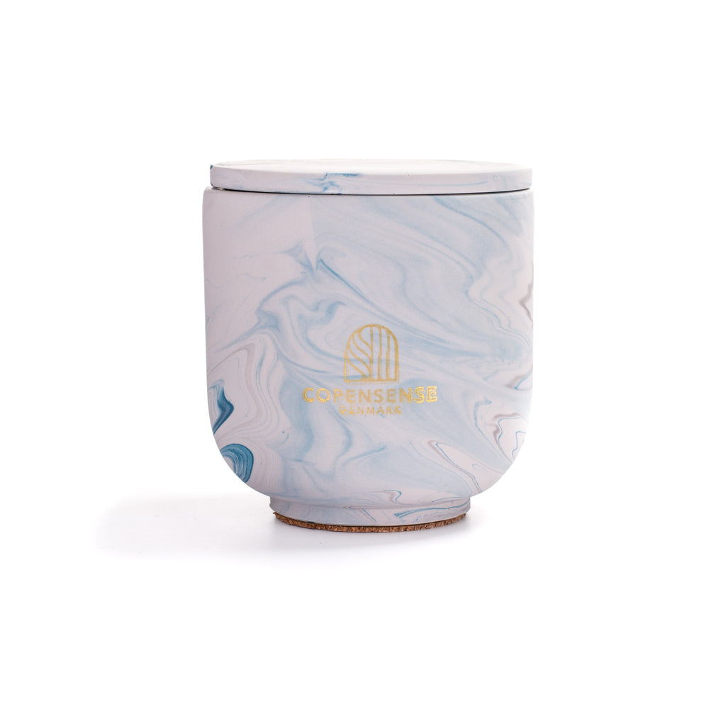 Unscented candle in a marbled Shades of Marbled Sky jar, hand-poured in Denmark