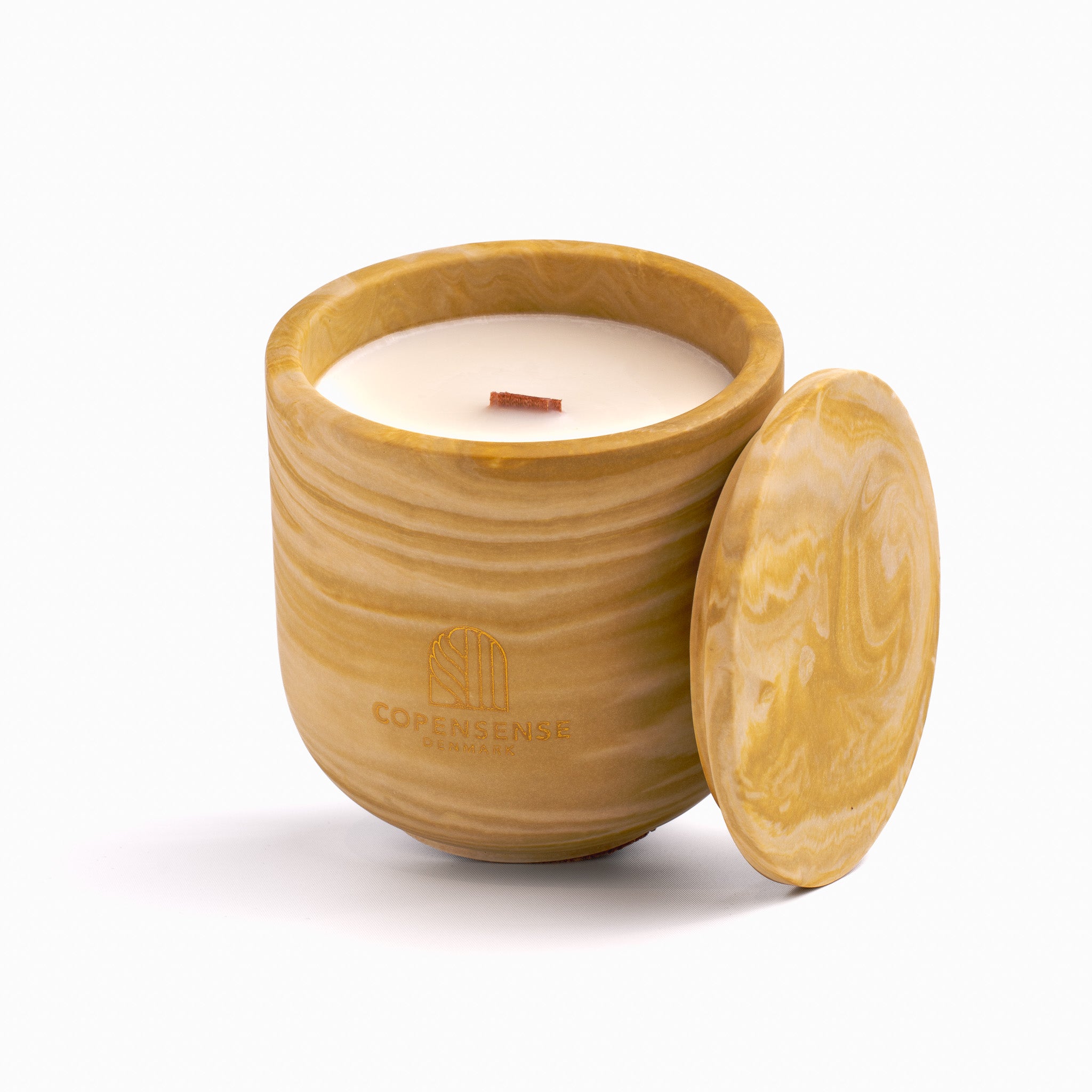 Unscented candle in a marbled Shades of Marbled Sand jar, hand-poured in Denmark