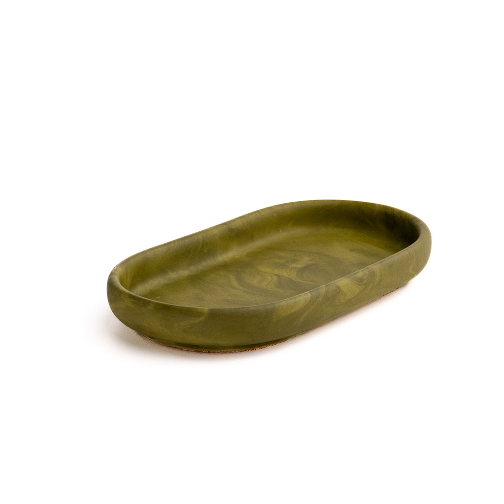 Handmade marbled tray in Shades of Marbled Moss: Chapter 3.3 from Denmark. Minimalist Danish decor on white background.