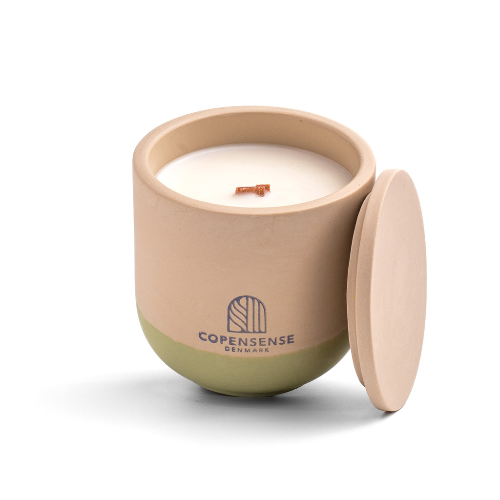 Unscented candle in a solid Shades of Marbled Sand jar, hand-poured in Denmark