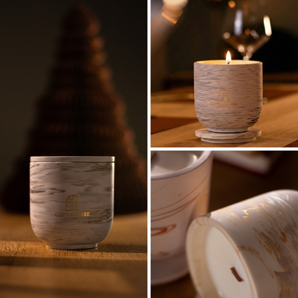Unscented candle in a marbled Shades of Marbled Clay jar, hand-poured in Denmark