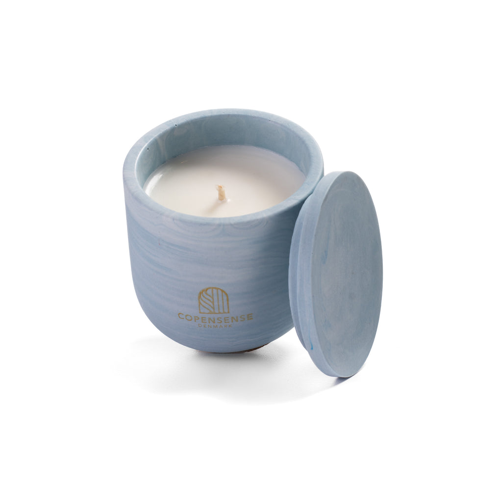 Unscented candle in a marbled Shades of Marbled Sky jar, hand-poured in Denmark