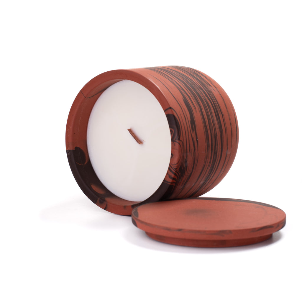 Unscented candle in a marbled Shades of Marbled Earth jar, hand-poured in Denmark