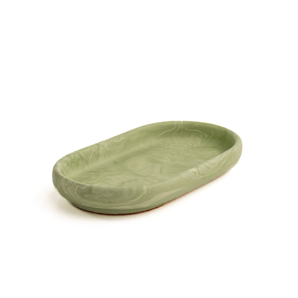 Handmade marbled tray in Shades of Marbled Moss: Chapter 3.4 from Denmark. Minimalist Danish decor on white background.