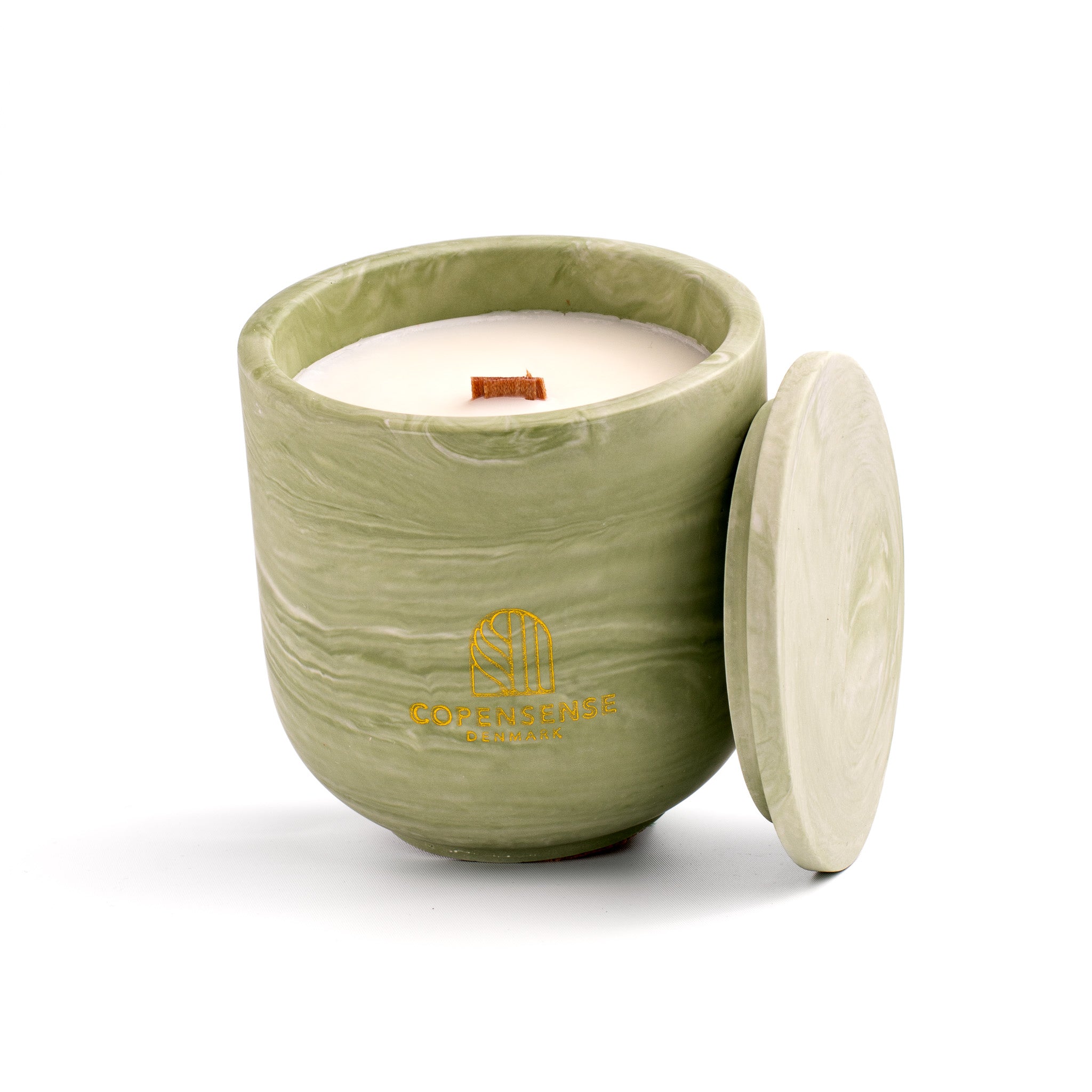 Unscented candle in a Shades of Marbled Sage jar, hand-poured in Denmark