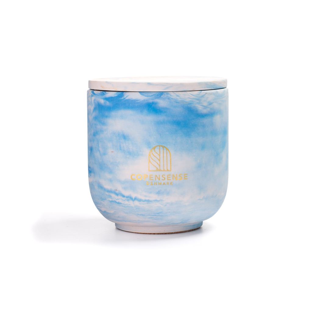 Unscented candle in a marbled Shades of Marbled Sky jar, hand-poured in Denmark
