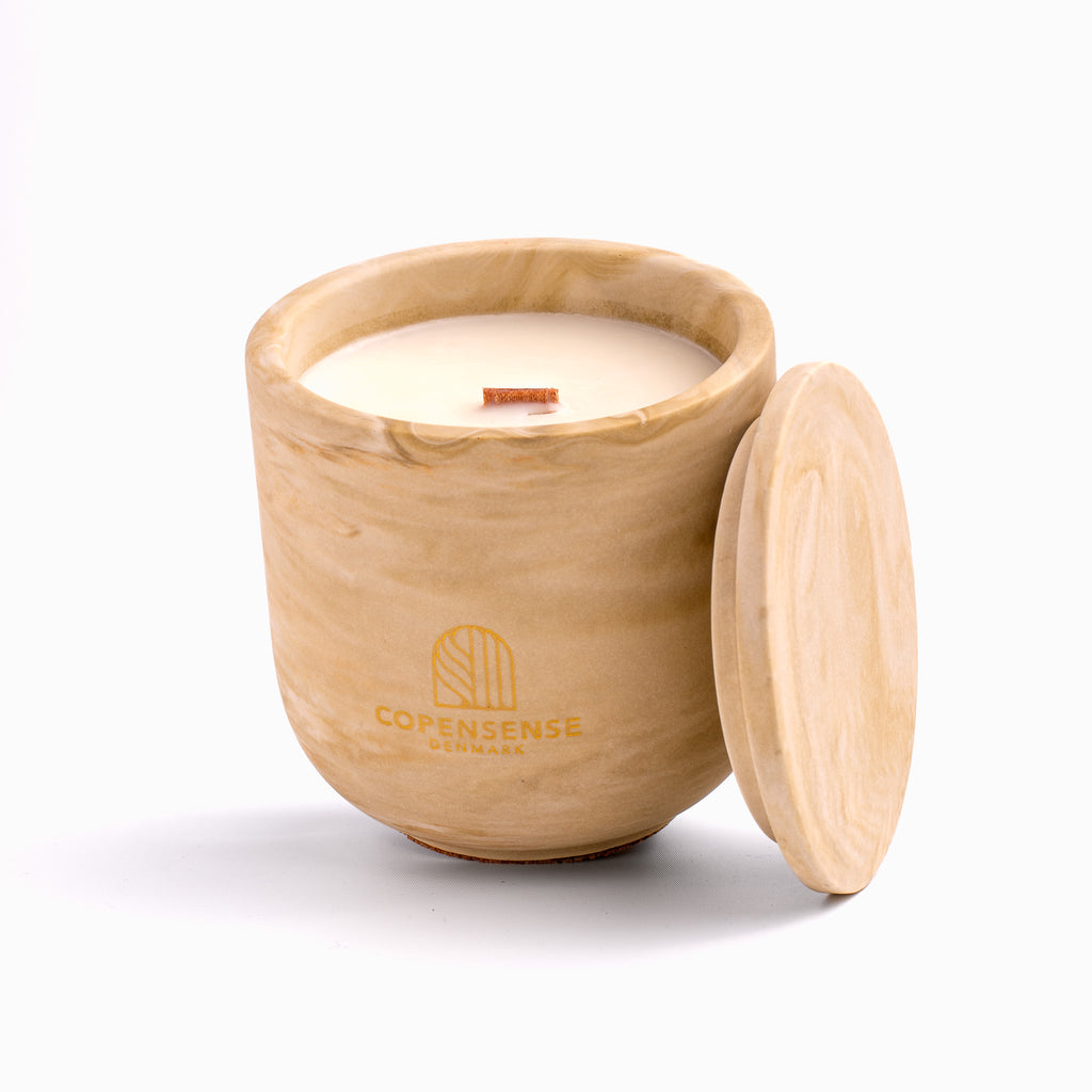 Unscented candle in a marbled Shades of Marbled Earth jar, hand-poured in Denmark