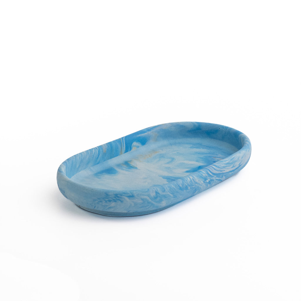Handmade marbled tray in Shades of Marbled Sky: Chapter 9.4 from Denmark. Minimalist Danish decor on white background.