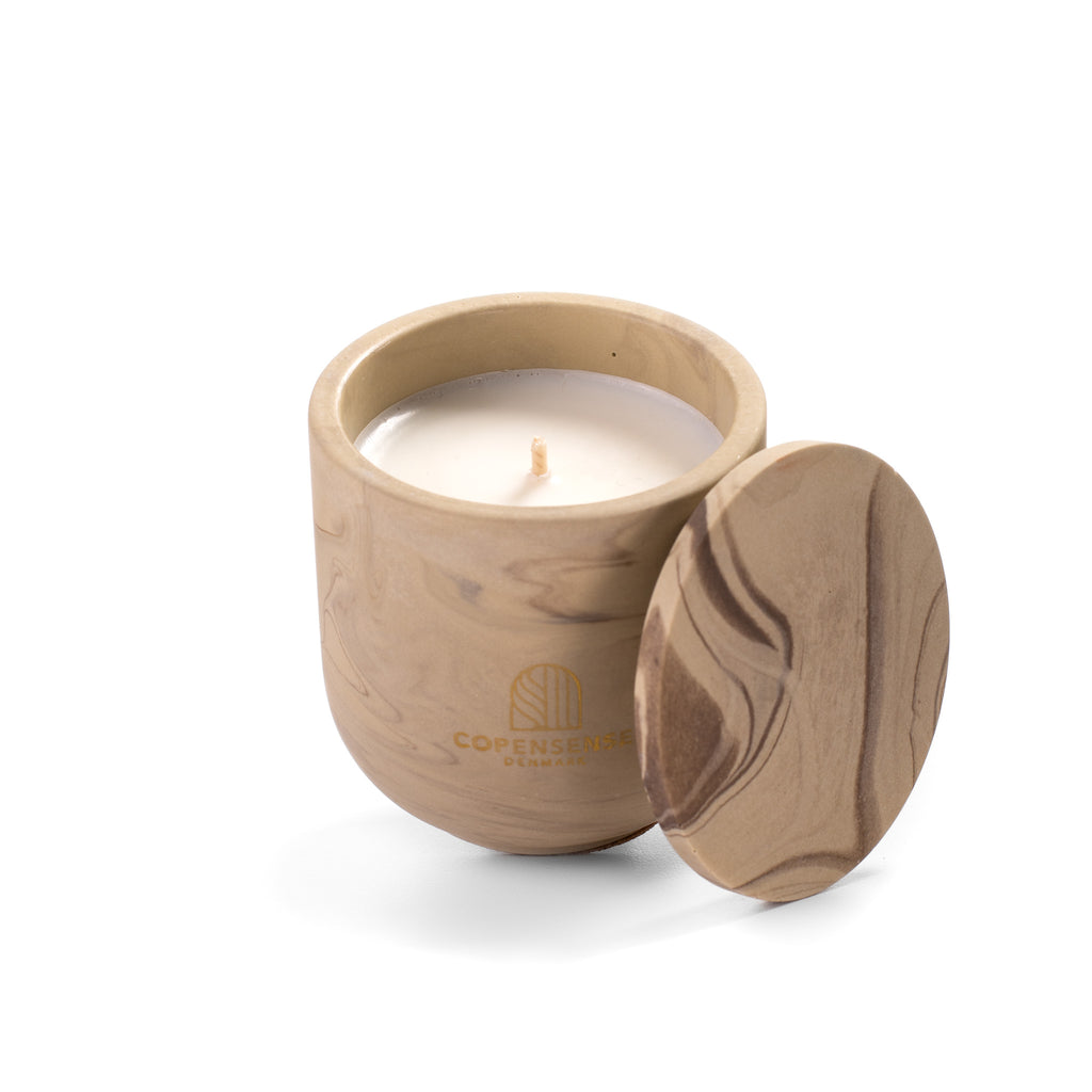 Unscented candle in a marbled Shades of Marbled Earth jar, hand-poured in Denmark