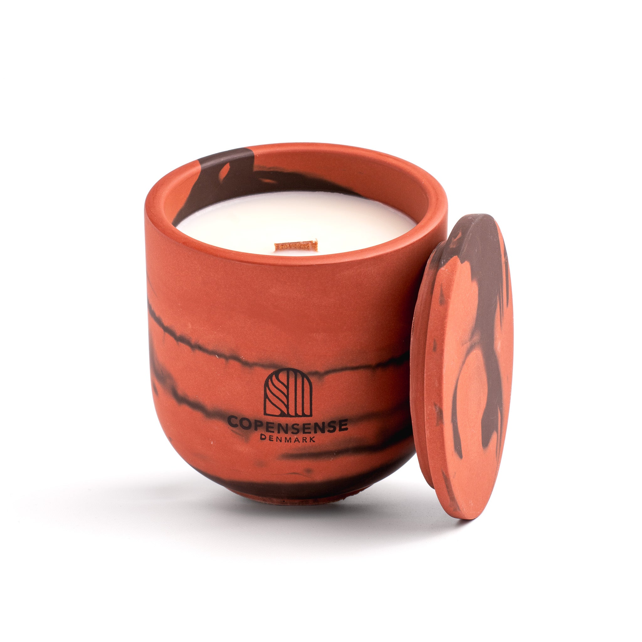 Unscented candle in a marbled Shades of Marbled Earth jar, hand-poured in Denmark