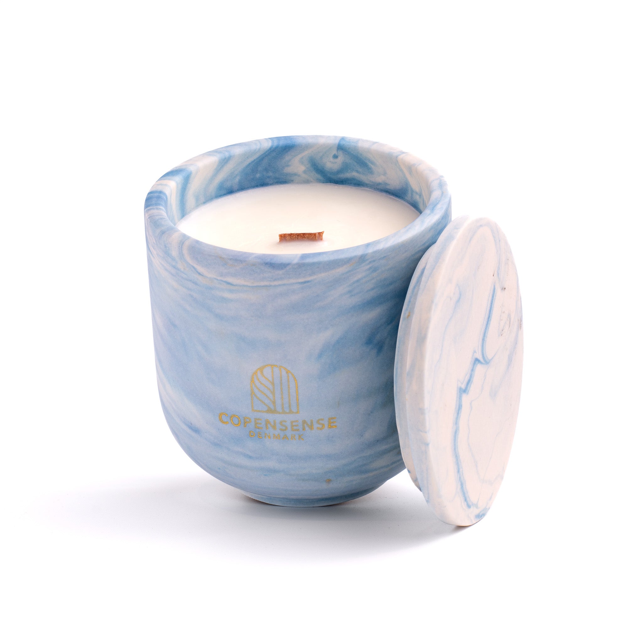 Unscented candle in a Shades of Marbled Sky jar, hand-poured in Denmark