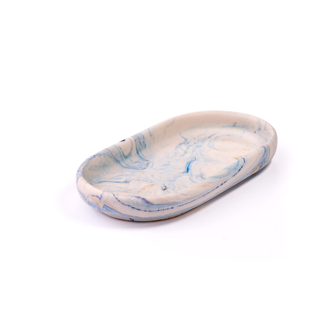 Handmade marbled tray in Shades of Marbled Sky: Chapter 9.8 from Denmark. Minimalist Danish decor on white background.