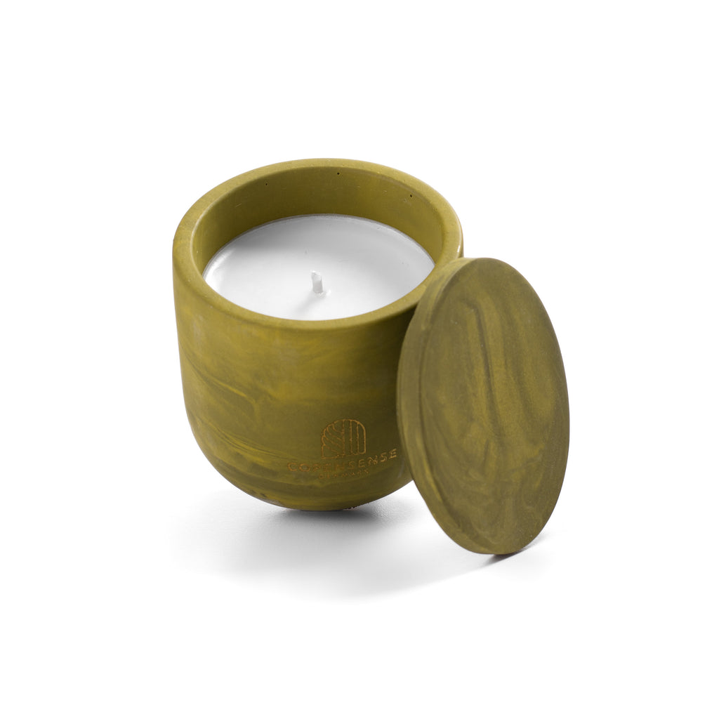 Unscented candle in a marbled Shades of Marbled Moss jar, hand-poured in Denmark