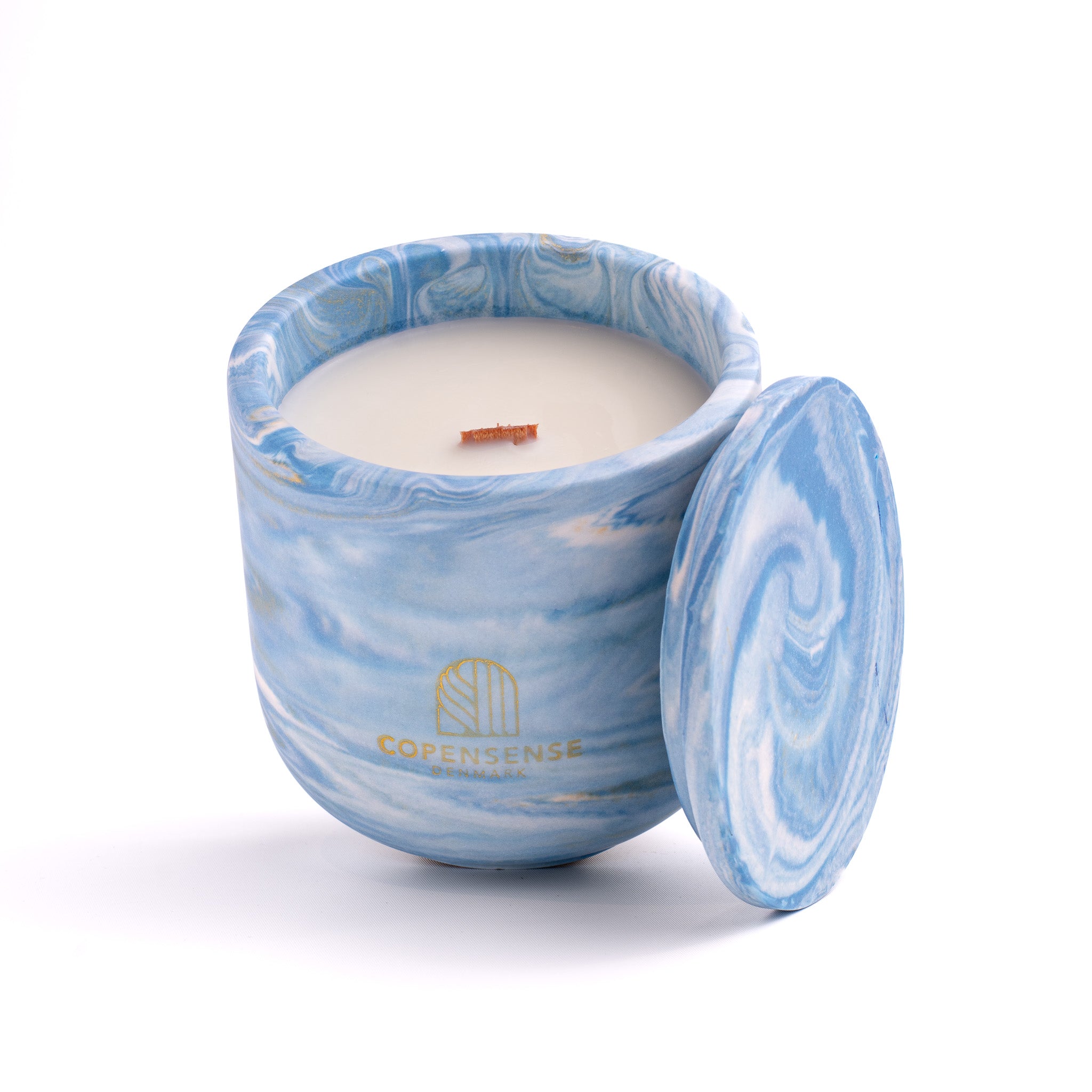 Unscented candle in a Shades of Marbled Sky jar, hand-poured in Denmark