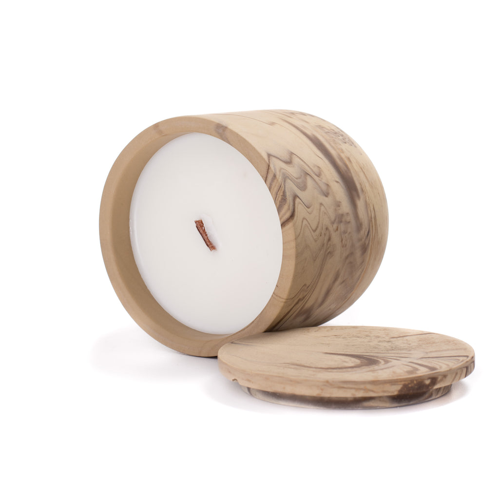 Unscented candle in a marbled Shades of Marbled Earth jar, hand-poured in Denmark