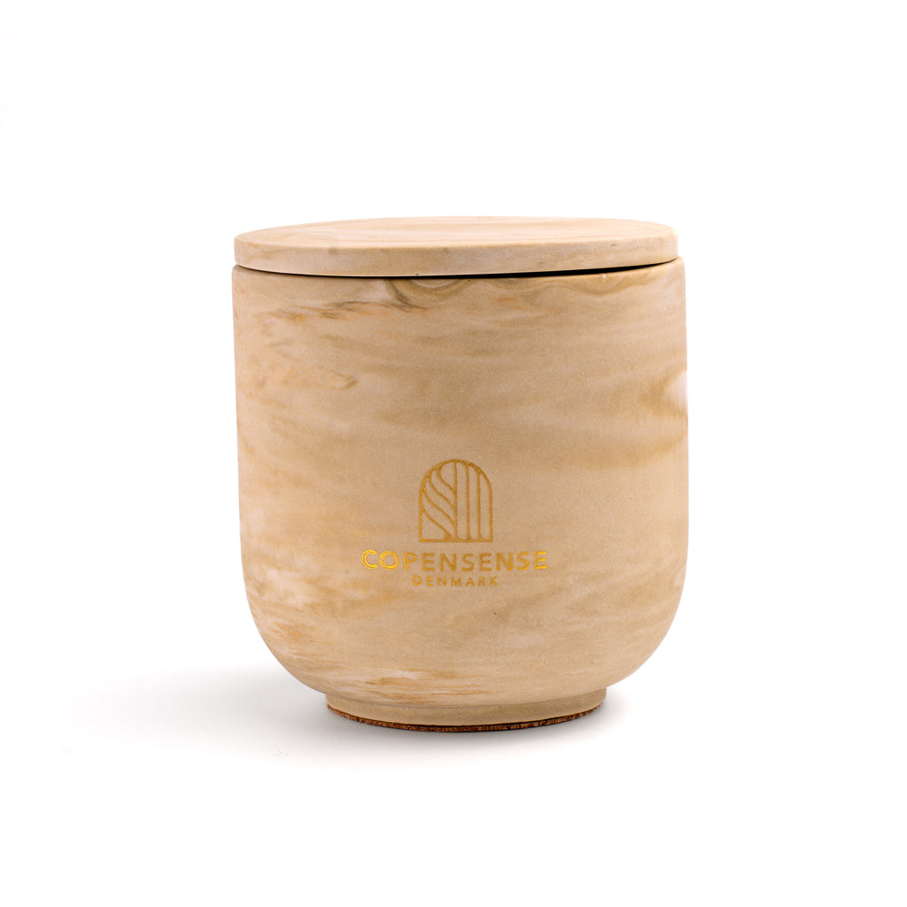 Unscented candle in a marbled Shades of Marbled Earth jar, hand-poured in Denmark