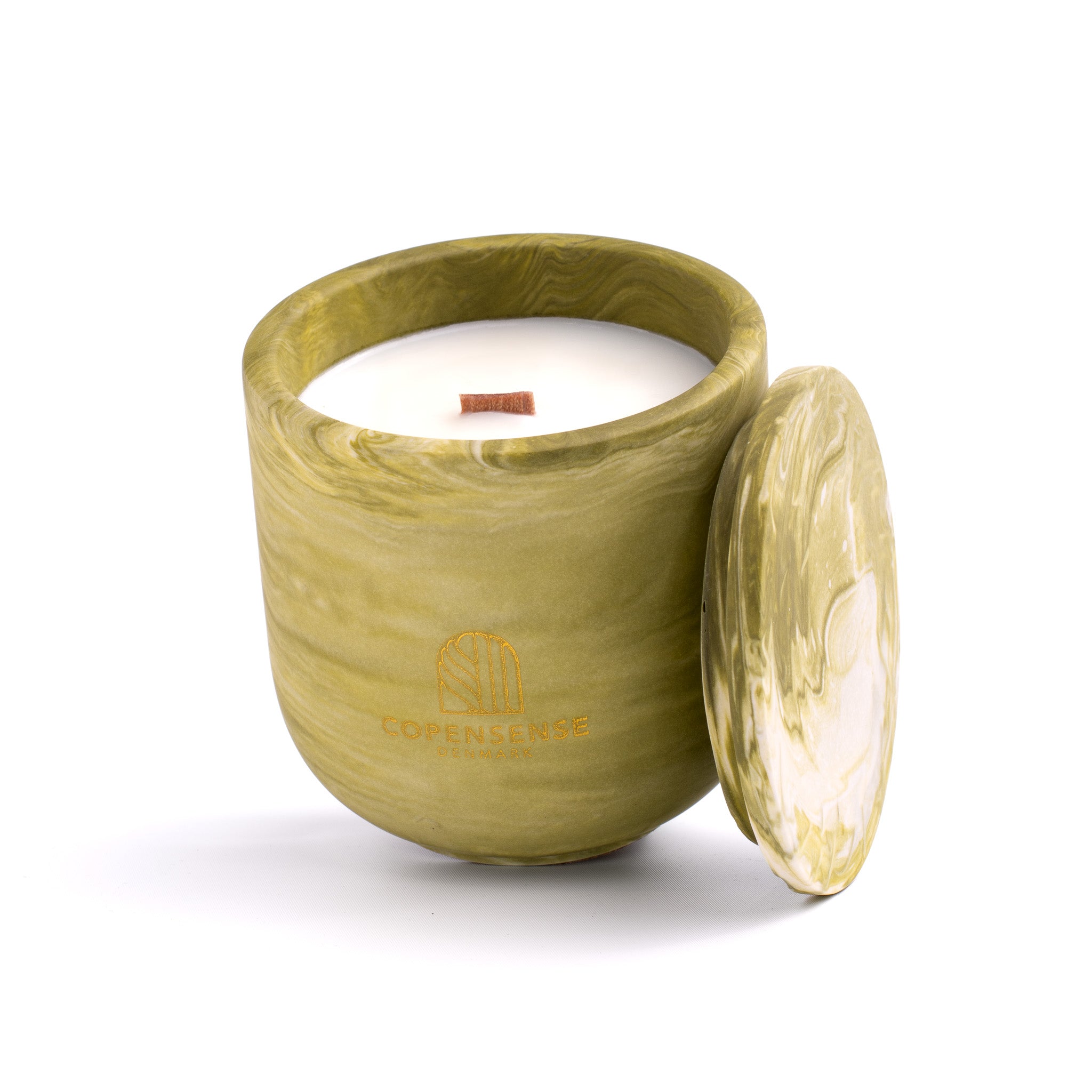 Unscented candle in a marbled Shades of Marbled Moss jar, hand-poured in Denmark